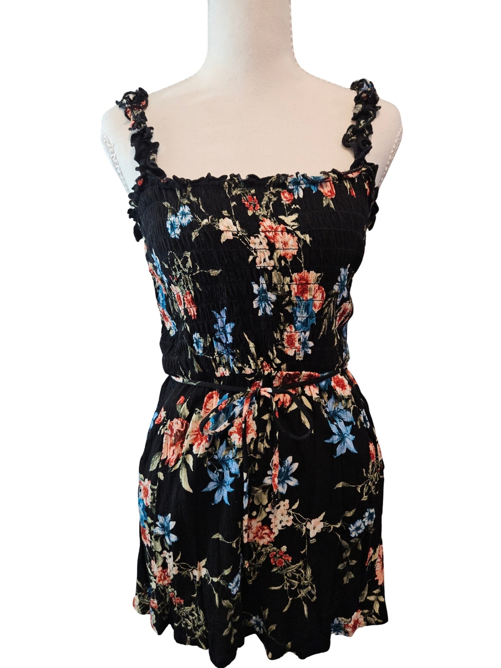Lily Rose Black Floral Smocked Tank Romper – Size Small